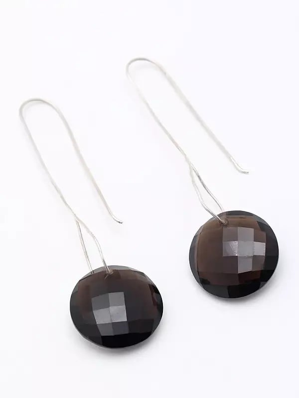 Exotic India Faceted Smoky Quartz Long Hook Earrings 