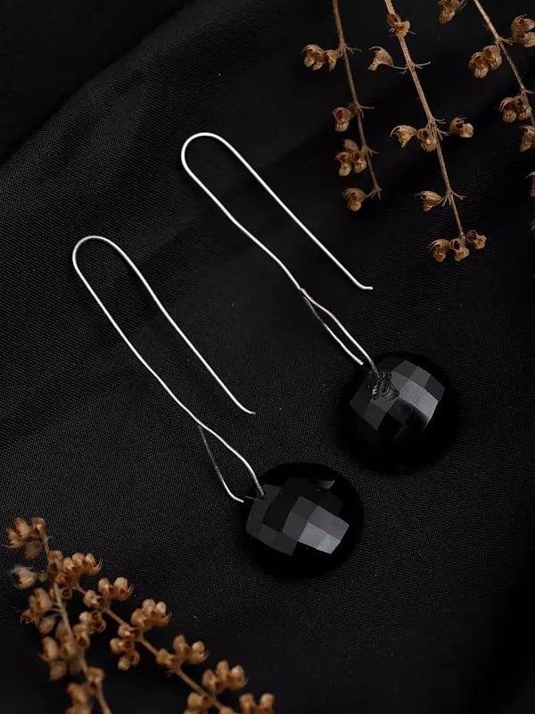 Exotic India Faceted Smoky Quartz Long Hook Earrings 