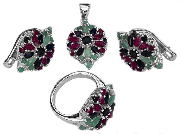 exotic india Faceted Three Gemstone Pendant with Earrings and Ring Set 