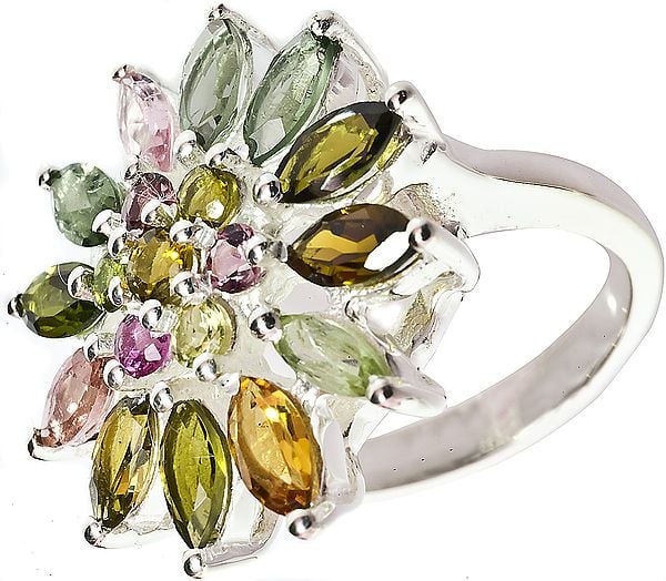 exotic india Faceted Tourmaline Flower Ring (Mixed Color) 