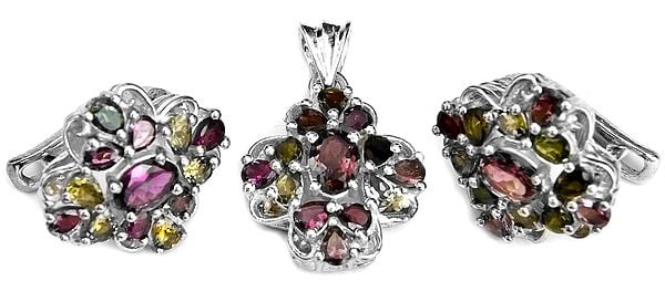 exotic india Faceted Tourmaline Pendant with Earrings Set