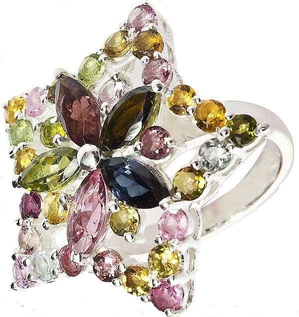exotic india Faceted Tourmaline Star Ring (Mixed Color) 