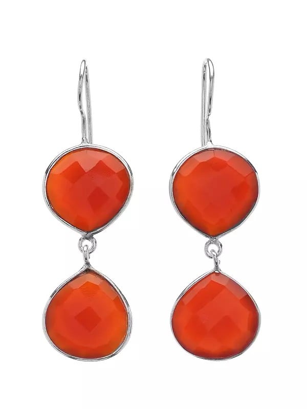 Exotic India Faceted Two Red Onyx Gemstone Dangle Earrings 