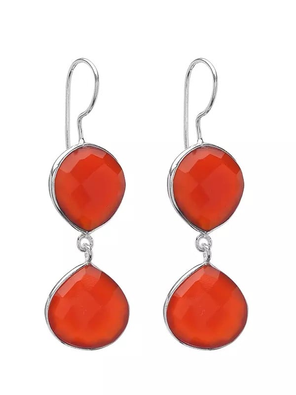 Exotic India Faceted Two Red Onyx Gemstone Dangle Earrings 