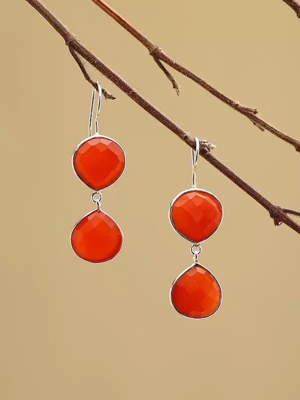 exotic india Faceted Two Red Onyx Gemstone Dangle Earrings 