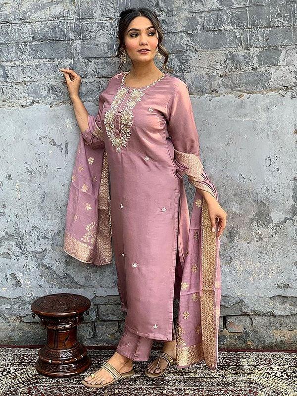 Exotic India Faded-Pink Viscose Chanderi Embroidery Work Elegant Kurta Set With Matching Dupatta 