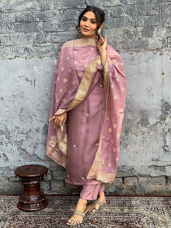 Exotic India Faded-Pink Viscose Chanderi Embroidery Work Elegant Kurta Set With Matching Dupatta 