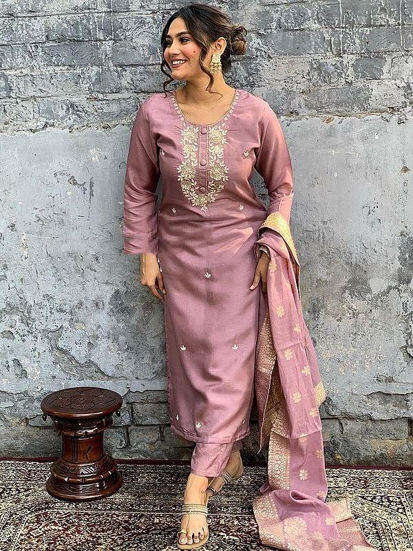 Exotic India Faded-Pink Viscose Chanderi Embroidery Work Elegant Kurta Set With Matching Dupatta 