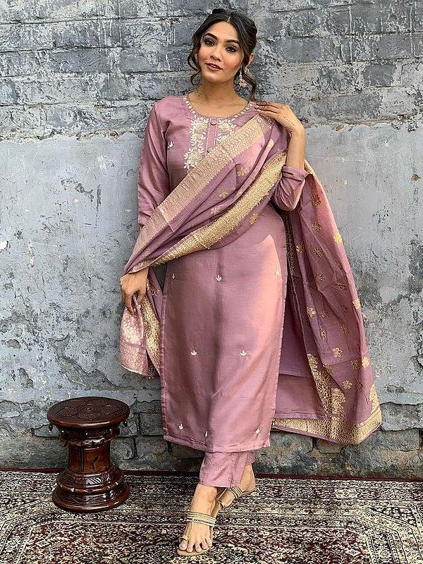 exotic india Faded-Pink Viscose Chanderi Embroidery Work Elegant Kurta Set With Matching Dupatta 