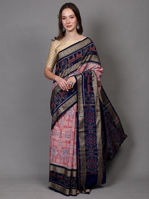Exotic India Faded-Rose Pure Cotton Ikat Handloom Sambhalpuri Saree With Animal Motifs And Woven Fish Contrast Pallu & Border 