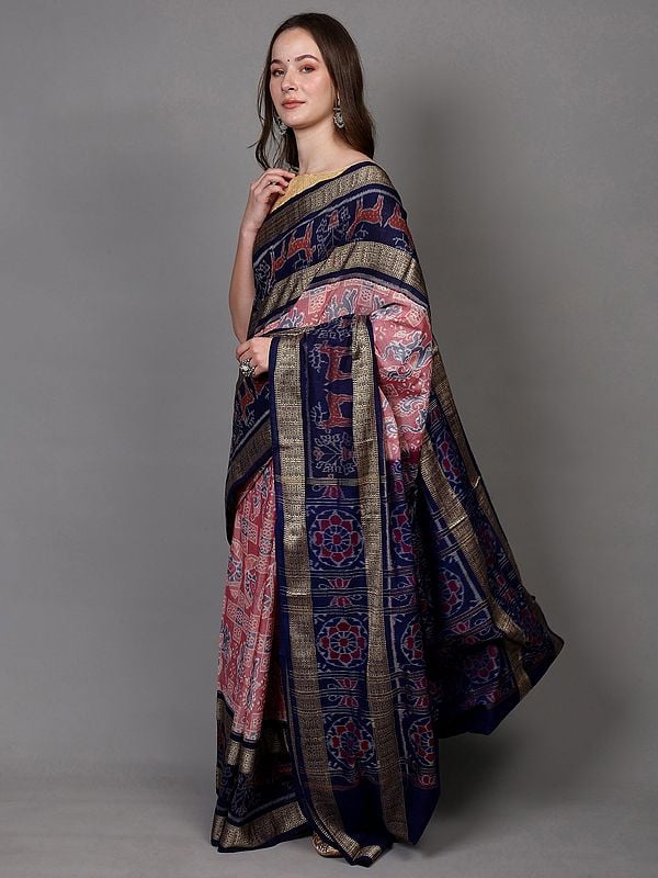 Exotic India Faded-Rose Pure Cotton Ikat Handloom Sambhalpuri Saree With Animal Motifs And Woven Fish Contrast Pallu & Border 