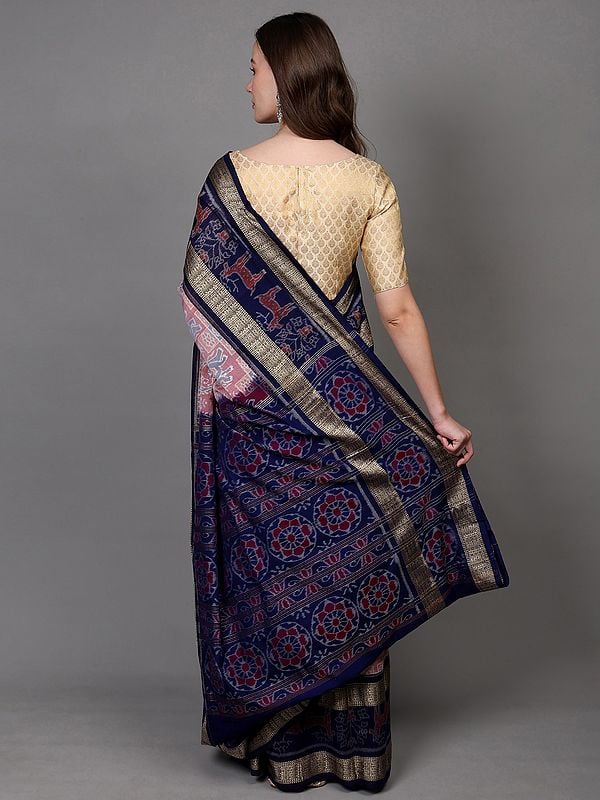 Exotic India Faded-Rose Pure Cotton Ikat Handloom Sambhalpuri Saree With Animal Motifs And Woven Fish Contrast Pallu & Border 