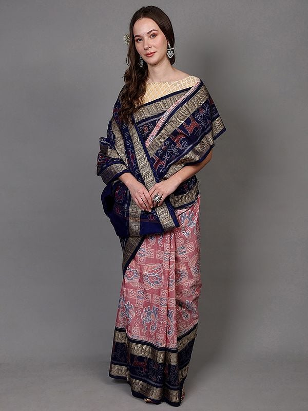 exotic india Faded-Rose Pure Cotton Ikat Handloom Sambhalpuri Saree with Animal Motifs and Woven Fish Contrast Pallu & Border 