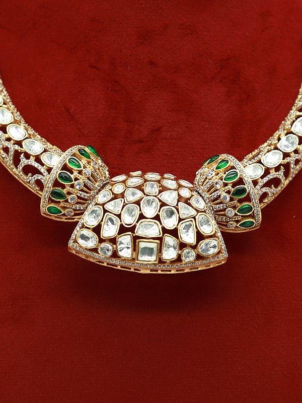Exotic India Fancy Moissanite Kundan With Matt Polish Stone Studded Necklace Set For Party Occasion