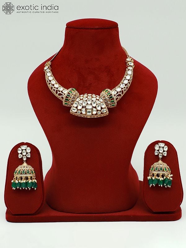 exotic india Fancy Moissanite Kundan With Matt Polish Stone Studded Necklace Set For Party Occasion