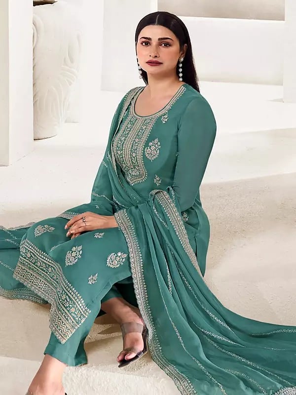 Exotic India Fancy Sequins And Embroidery Work Organza Salwar Suit With Tassels Dupatta