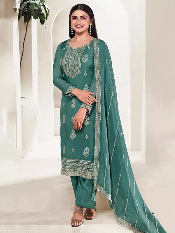 exotic india Fancy Sequins And Embroidery Work Organza Salwar Suit With Tassels Dupatta 