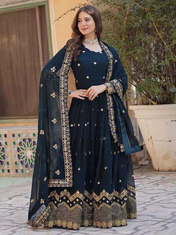 Exotic India Faux Blooming Georgette Embellished Sequins Work Wedding Wear Gown With Matching Dupatta 