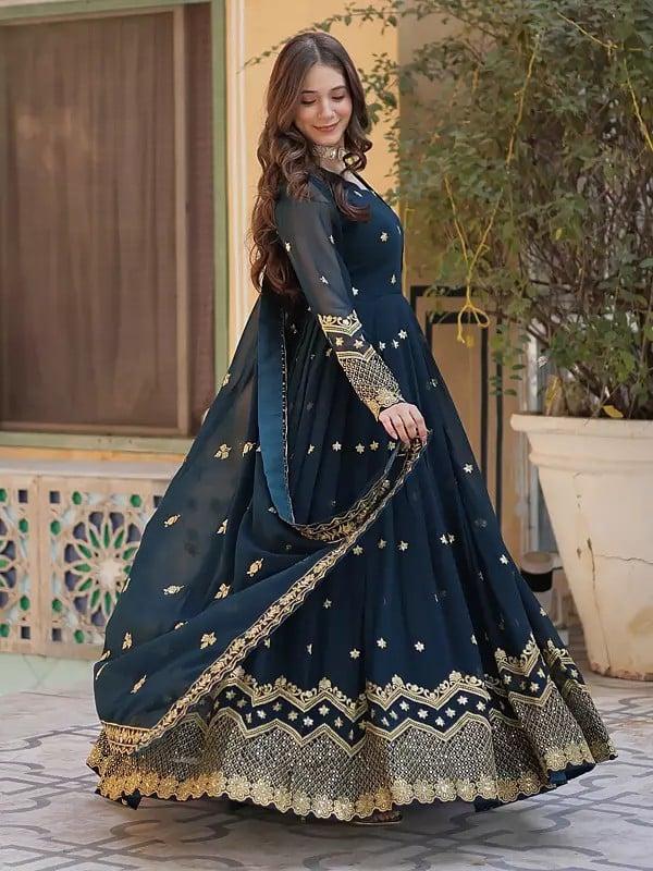 Exotic India Faux Blooming Georgette Embellished Sequins Work Wedding Wear Gown With Matching Dupatta 