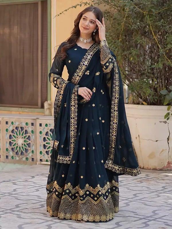 exotic india Faux Blooming Georgette Embellished Sequins Work Wedding Wear Gown With Matching Dupatta
