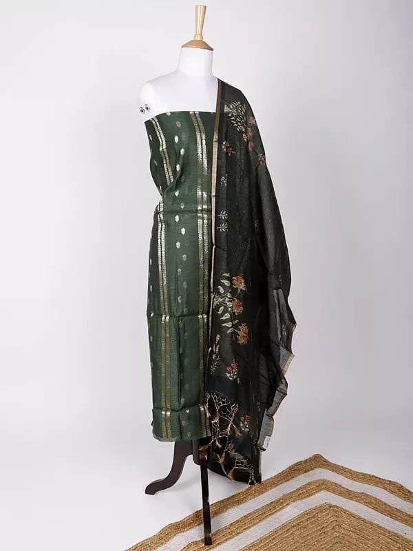 Exotic India Faux-Munga Silk Two-Piece Zari Brocaded Kurti Fabric With Digital Printed Dupatta 
