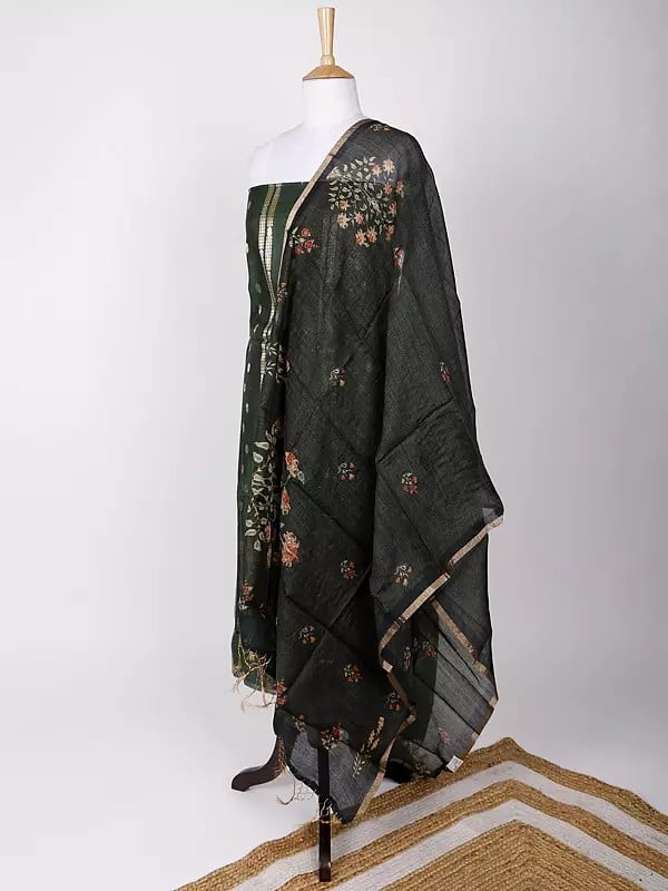Exotic India Faux-Munga Silk Two-Piece Zari Brocaded Kurti Fabric With Digital Printed Dupatta 