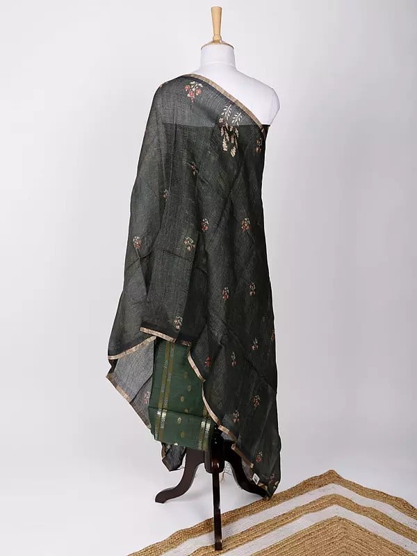 Exotic India Faux-Munga Silk Two-Piece Zari Brocaded Kurti Fabric With Digital Printed Dupatta 
