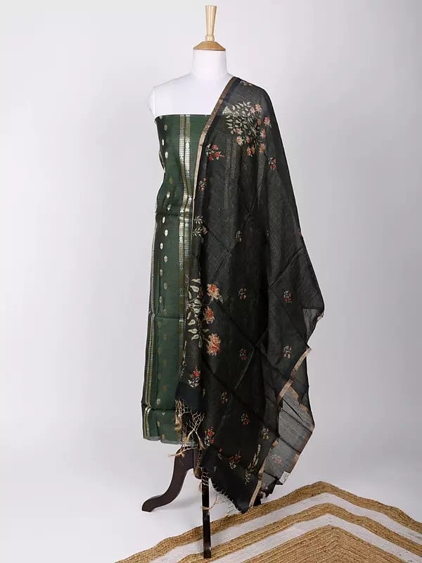 exotic india Faux-Munga Silk Two-Piece Zari Brocaded Kurti Fabric with Digital Printed Dupatta 