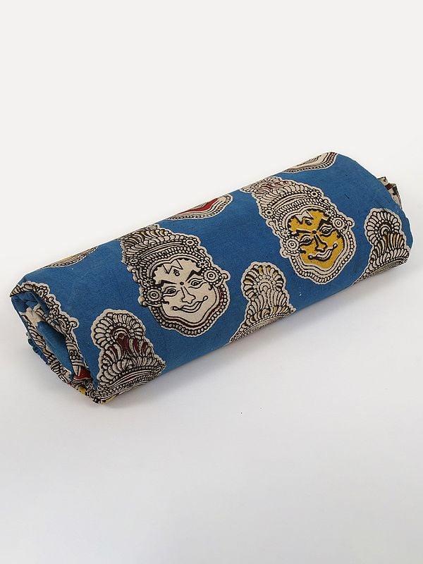 Exotic India Federal-Blue Pure Cotton Blocked Kalamkari Printed Fabric With Kathakali Face Motifs 