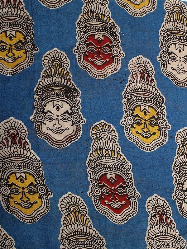 Exotic India Federal-Blue Pure Cotton Blocked Kalamkari Printed Fabric With Kathakali Face Motifs 