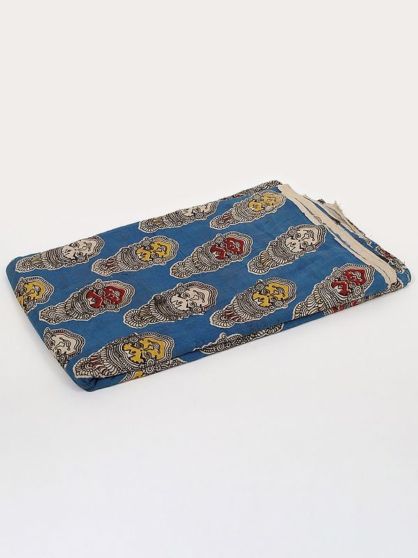 exotic india Federal-Blue Pure Cotton Blocked Kalamkari Printed Fabric with Kathakali Face Motifs