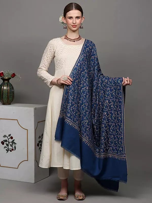 Exotic India Federal-Blue Pure Pashmina Shawl With Sozni Hand-Embroidered Floral Leaves Jaal Pattern 