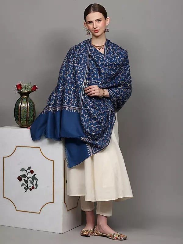 Exotic India Federal-Blue Pure Pashmina Shawl With Sozni Hand-Embroidered Floral Leaves Jaal Pattern 