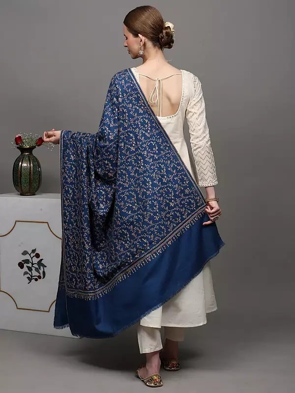 Exotic India Federal-Blue Pure Pashmina Shawl With Sozni Hand-Embroidered Floral Leaves Jaal Pattern 