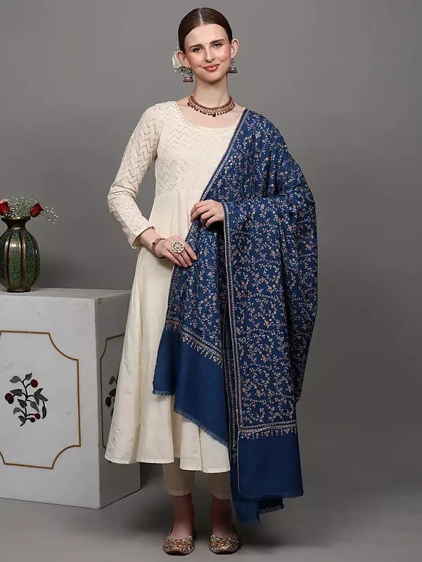 exotic india Federal-Blue Pure Pashmina Shawl with Sozni Hand-Embroidered Floral Leaves Jaal Pattern 