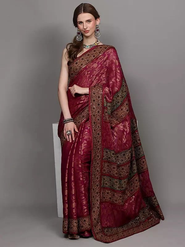 Exotic India Festival-Fuchsia Designer Saree With Heavy Thread-Sequins Embroidered Flowers And Zari Work 