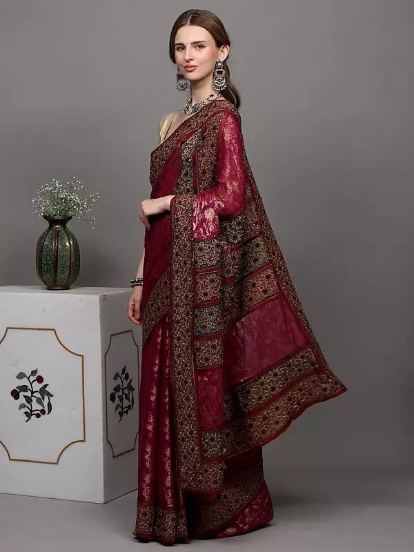 Exotic India Festival-Fuchsia Designer Saree With Heavy Thread-Sequins Embroidered Flowers And Zari Work 