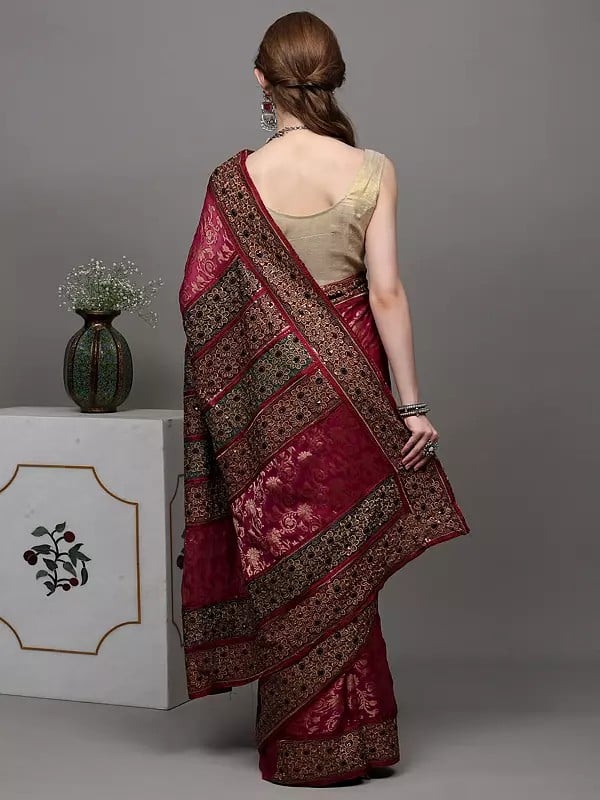 Exotic India Festival-Fuchsia Designer Saree With Heavy Thread-Sequins Embroidered Flowers And Zari Work 