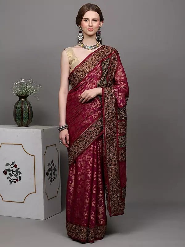 exotic india Festival-Fuchsia Designer Saree with Heavy Thread-Sequins Embroidered Flowers and Zari Work 