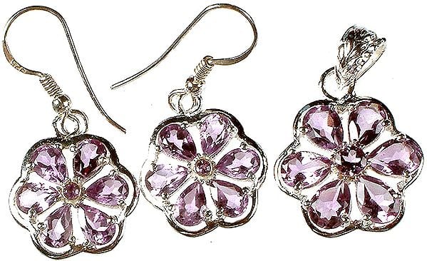 exotic india Fine Cut Amethyst Flower Pendant with Earrings Set