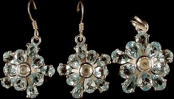 exotic india Fine Cut Blue Topaz Pendant & Earrings Set
