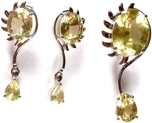 exotic india Fine Cut Lemon Topaz Pendant with Earrings Set