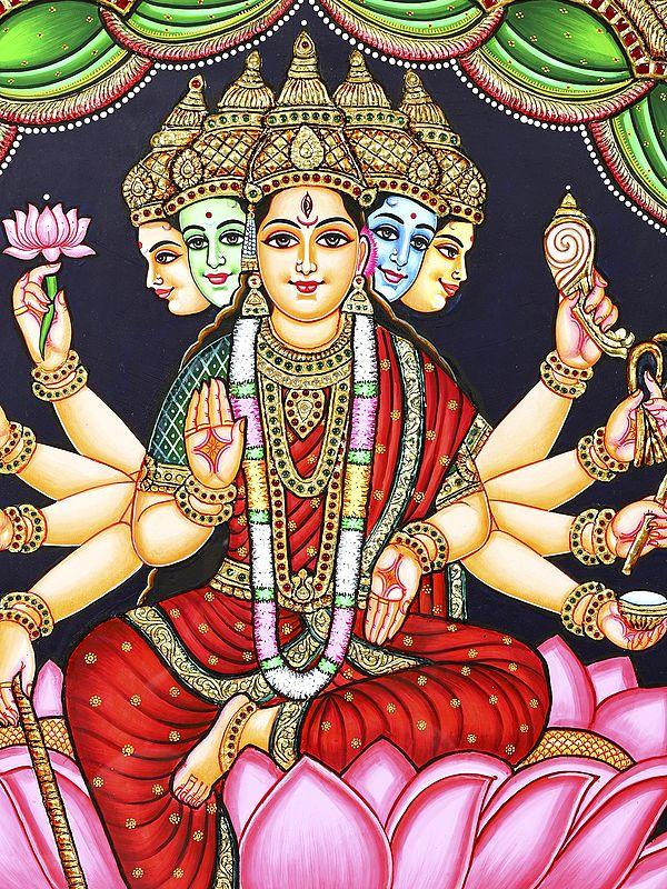 Exotic India Five Headed Goddess Gayatri | 24 Karat Gold Work | Framed Tanjore Painting 