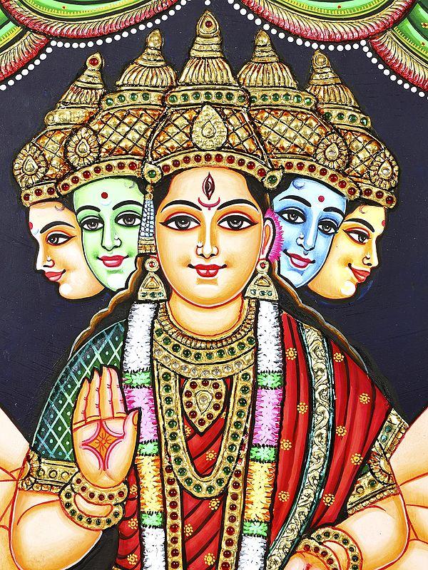 Exotic India Five Headed Goddess Gayatri | 24 Karat Gold Work | Framed Tanjore Painting 