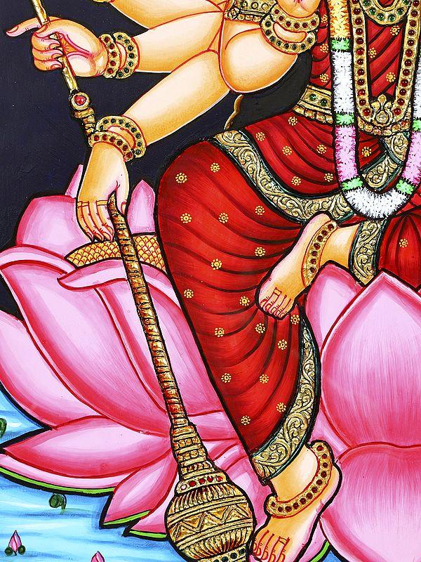 Exotic India Five Headed Goddess Gayatri | 24 Karat Gold Work | Framed Tanjore Painting 