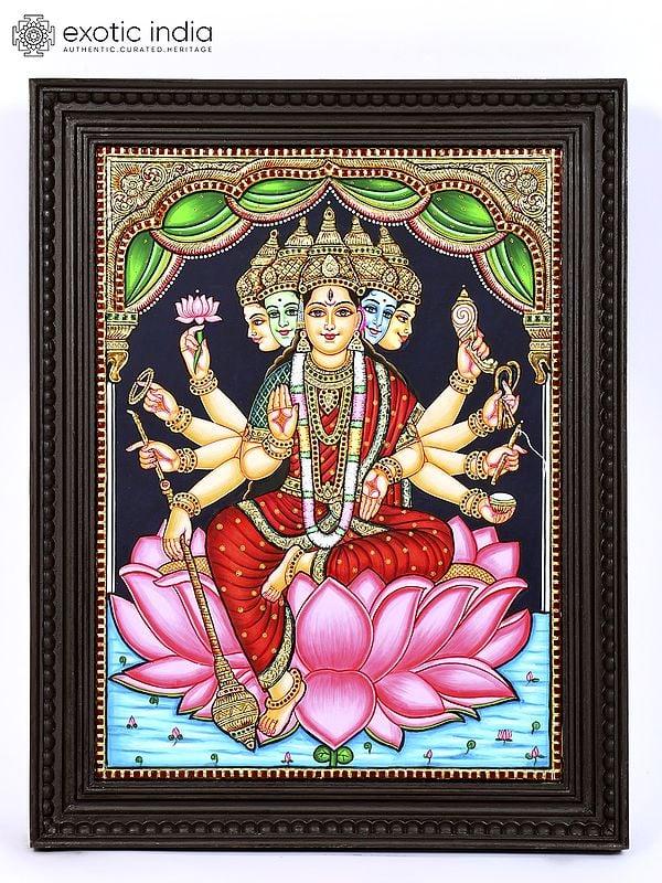 exotic india Five Headed Goddess Gayatri | 24 Karat Gold Work | Framed Tanjore Painting 