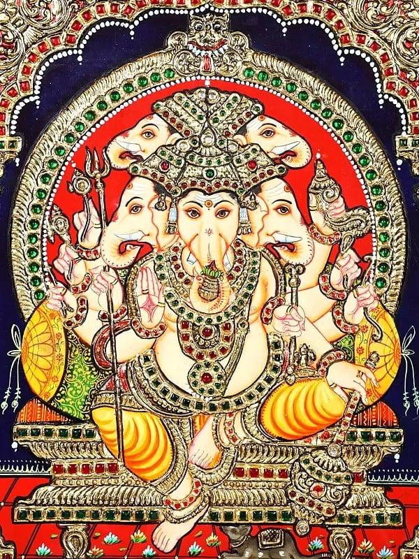 Exotic India Five Headed Ten Armed Lord Ganesha Seated On Kirtimukha Throne | 24 Karat Gold Work | Framed Tanjore Painting