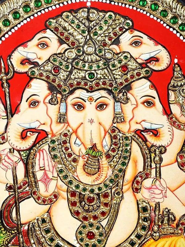 Exotic India Five Headed Ten Armed Lord Ganesha Seated On Kirtimukha Throne | 24 Karat Gold Work | Framed Tanjore Painting
