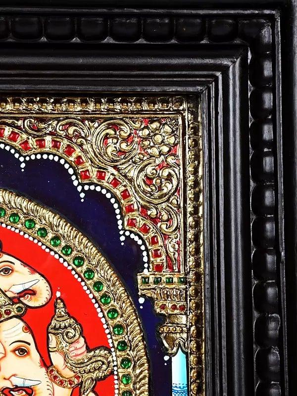 Exotic India Five Headed Ten Armed Lord Ganesha Seated On Kirtimukha Throne | 24 Karat Gold Work | Framed Tanjore Painting