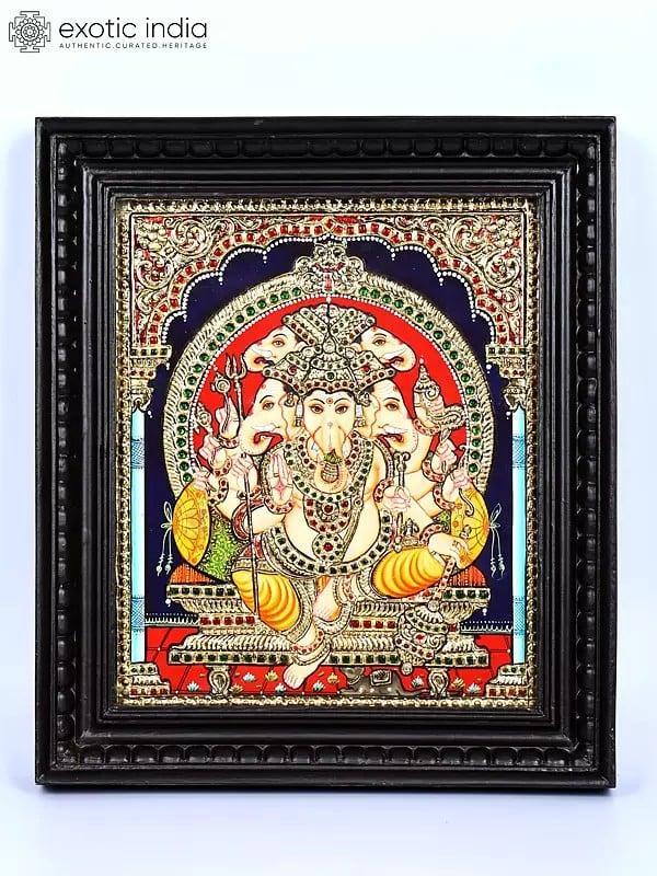 exotic india Five Headed Ten Armed Lord Ganesha Seated on Kirtimukha Throne | 24 Karat Gold Work | Framed Tanjore Painting